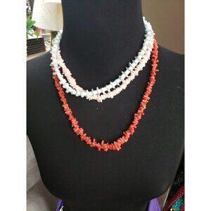 Lot Necklaces Vtg Red Coral Chip 22", Blue/White Puka Shell 16", Peach Puka 16"